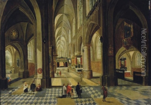 Interior Of A Cathedral With Figures In The Foreground Oil Painting - Peeter Neeffs the Younger