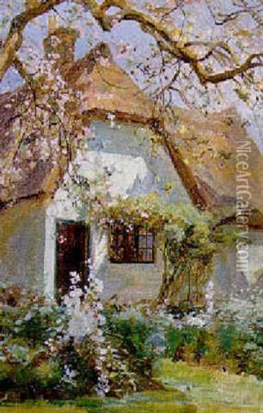 A Thatched Cottage, Springtime Oil Painting - Robert Payton Reid
