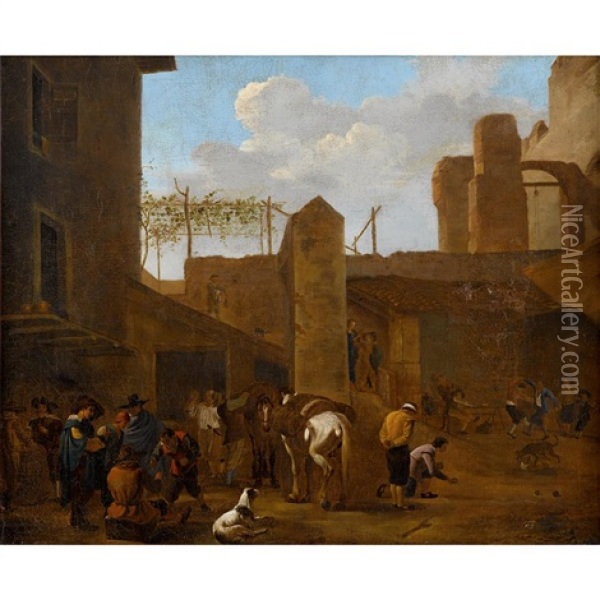 Townscape With Figures At Leisure Oil Painting - Pieter Jacobsz. van Laer