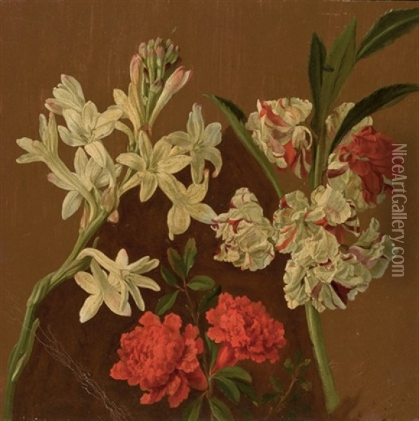 Jacinthe Blanche, Oeillets D'inde Rouges Et Autres Fleurs (+ Esquisse De Bouquets De Fleurs; Double-sided) Oil Painting - Pancrace Bessa