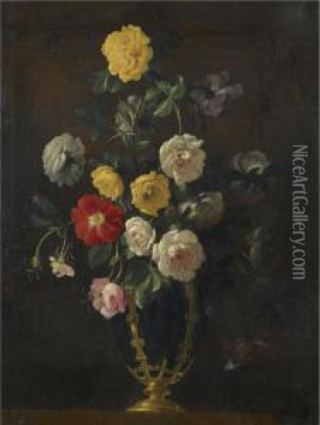 A Still Life With Roses And Various Other Flowers In A Vase Oil Painting - Jean Picart