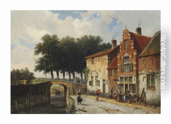 A Vegetable Seller Along A Dutch Canal Oil Painting - Adrianus Eversen