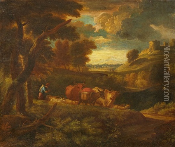Landscape With A Shepherd And His Flock Oil Painting - Pietro Cignaroli