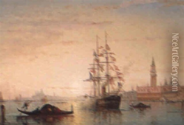 A Steamboat Before The Doge's Palace Oil Painting - Charles Clement Calderon
