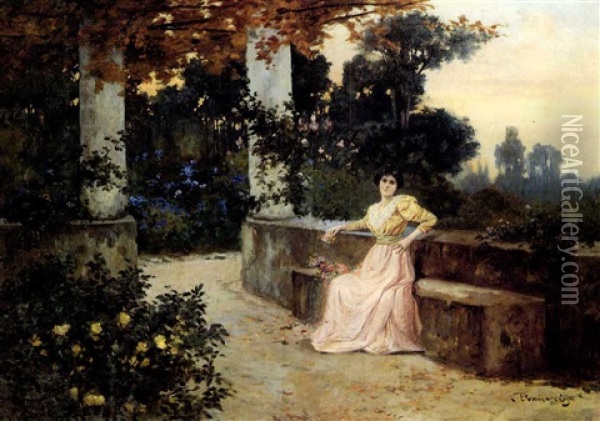 A Young Woman In A Garden Oil Painting - Carlo Brancaccio