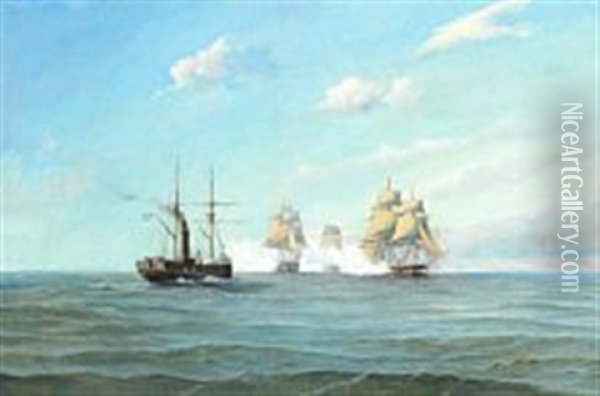 Three Frigates Saluting A Steamship Oil Painting - Vilhelm Melbye