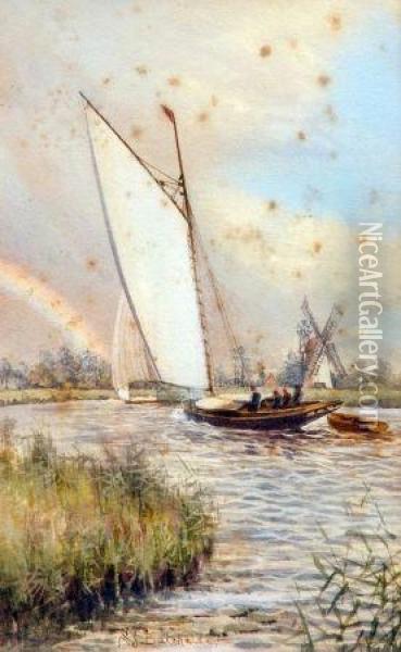Broadland Scene With Sailing Boats, Windmill And Rainbow Oil Painting - Stephen John Batchelder