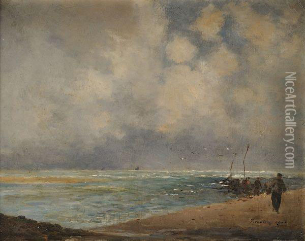 La Plage De Trouville Oil Painting - Maurice Francois A. Courant