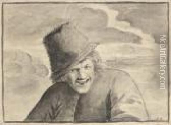 A Laughing Peasant, Bust-length Oil Painting - Cornelis Dusart