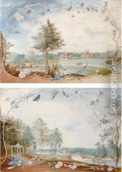 The Grounds At Honington Hall, Warwickshire, Showing The South And West Fronts; The Grounds Of Honington Hall, Warwickshire, Showing The Ornamental Water Designed By Sanderson Miller Oil Painting - Thomas Sen Robins