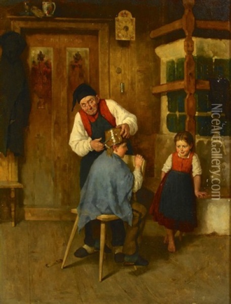 The Village Barber Oil Painting - Richard Eisermann