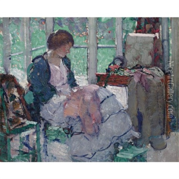 Young Lady Sewing Oil Painting - Richard Edward Miller