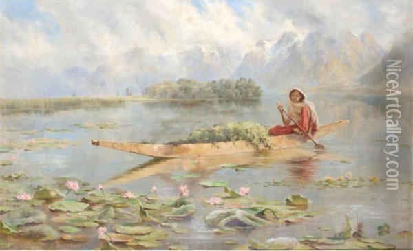 A Lake Scene In Kashmir Oil Painting - Edward Molyneux