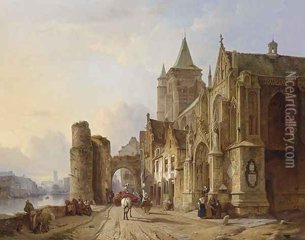 Figures in the streets of a riverside town Oil Painting - Francois Antoine Bossuet