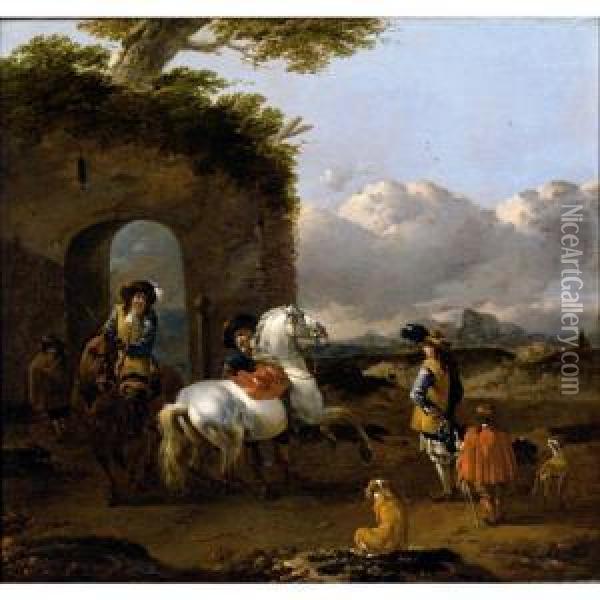 Italianate Landscape, With Cavaliers And The Horses Before Some Ruins Oil Painting - Jan Frans Soolmaker