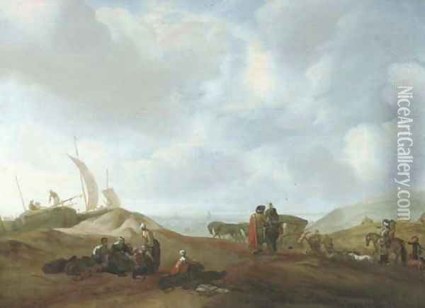 A dune landscape with fisherfolk resting Oil Painting - Jacob Esselens