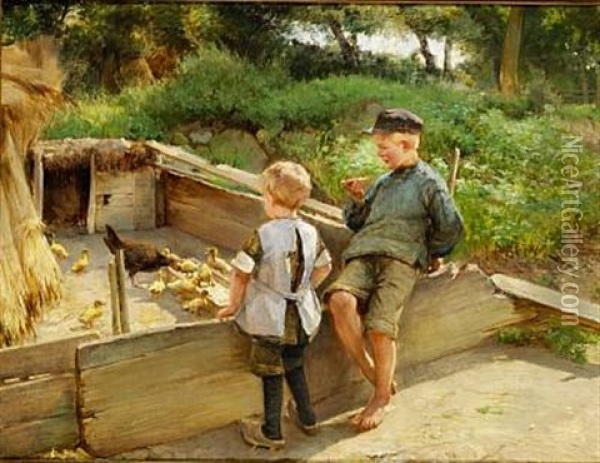 Little Children Watching The Ducklings Oil Painting - Edvard Frederik Petersen