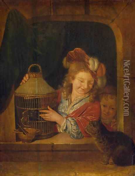 Children with a Cage and a Cat Oil Painting - Eglon van der Neer