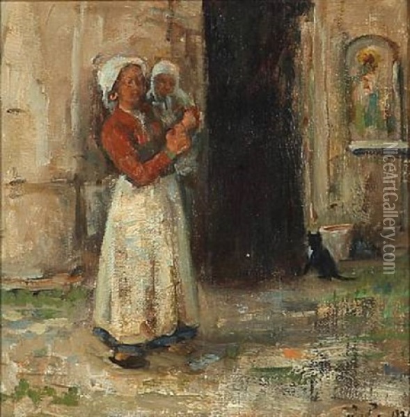 Italian Woman With A Child Oil Painting - Julius Paulsen