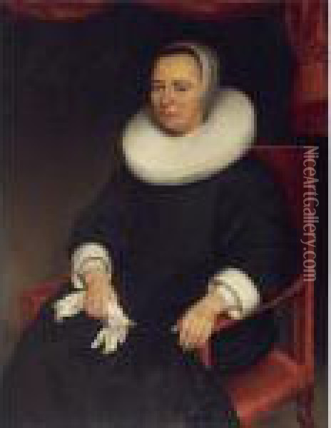 Portrait Of Lady, Seated Three-quarter Length, Wearing A Black Dress With A White Ruff Oil Painting - Aelbert Cuyp