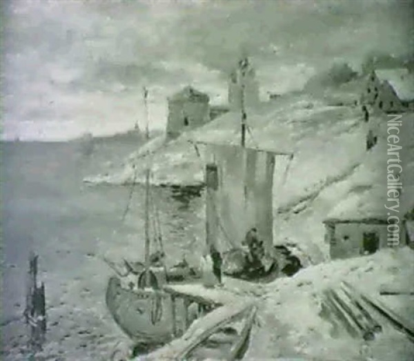 Vinterlandskab Fra Pskov,                                   I Forgrunden Flod Oil Painting - Konstantin Ivanovich Gorbatov