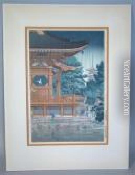 Rain At Asakusa Kannon Temple Oil Painting - Tsuchiya Koitsu