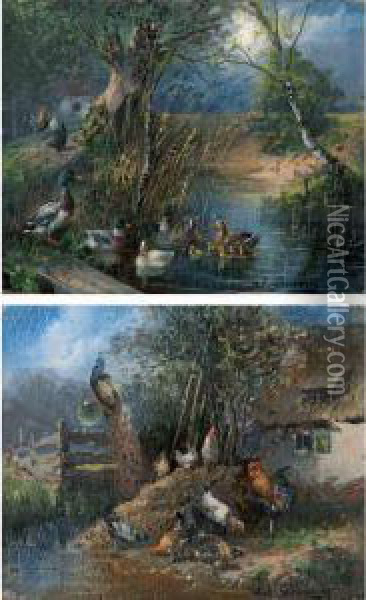 Ducks And Chickens In A Landscape Oil Painting - Julius Scheurer
