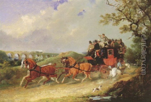 A Coach And Four On A Country Lane, With A Steam Engine Crossing A Viaduct Oil Painting - Eugene Louis Lami