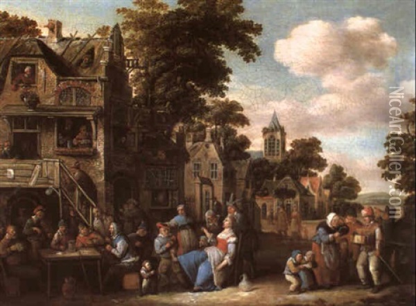 Feiernde Bauern Auf Einer Dorfstrase Oil Painting - Egbert van Heemskerck the Younger