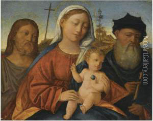 The Madonna And Child With Saint John The Baptist And Another Malesaint Oil Painting - Giovanni Bellini