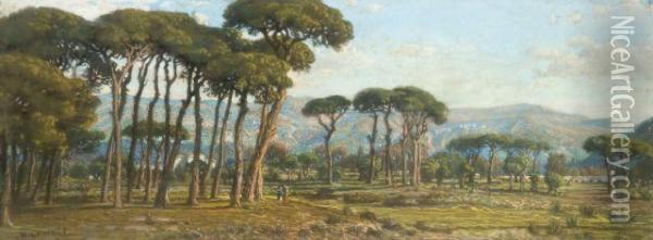 Paysage De Pinede Au Pied D'une Chaine De Montagnes Oil Painting - Felix Hippolyte Lanoue