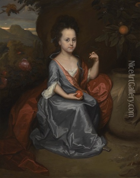 Portrait Of A Girl, Believed To Be Miss Anne Conslade, Wearing A Blue Dress With A Brown Mantle, Holding An Orange Oil Painting - Godfried Schalcken
