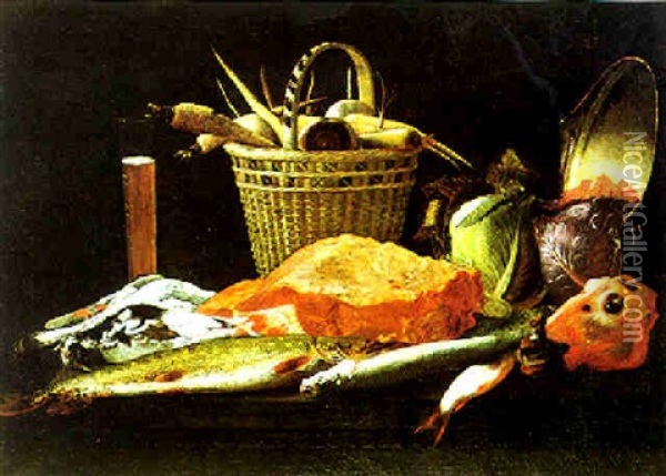 Carne, Pesci, Legumi E Un Catino Di Ottone Oil Painting - Giuseppe Recco