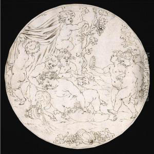 A Roundel Design, With Bacchus Surrounded By Frolicking Putti Oil Painting - Kaspar Jakob Van Opstal