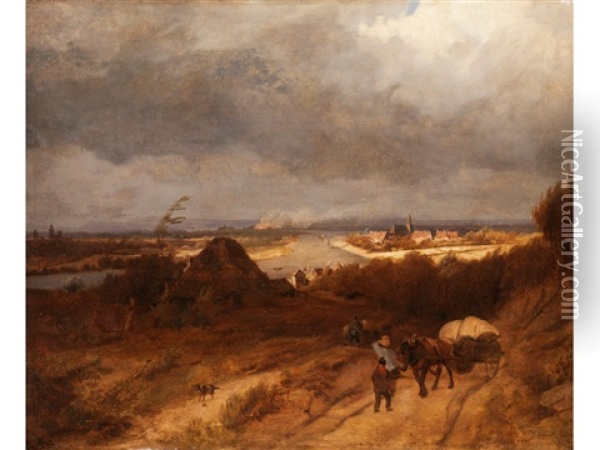 Landschaft Mit Blick Auf Ein Stadtchen Am Fluss Und Pferdekarren Im Vordergrund Oil Painting - Barend Cornelis Koekkoek