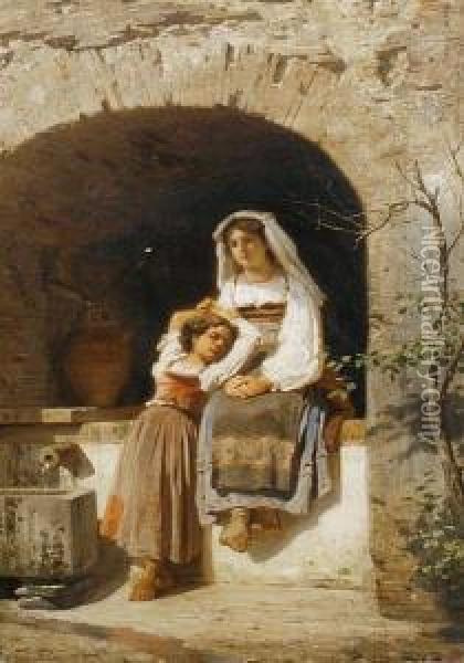 Two Young Girls Fetching Water Oil Painting - Ferdinand II Piloty