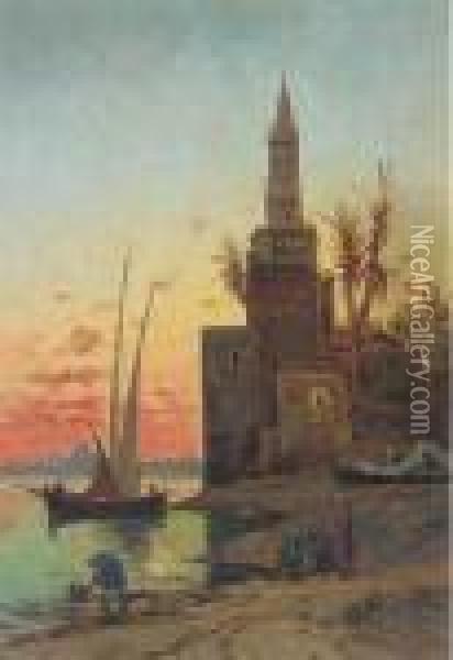 Sunset On The Nile, The Pyramids Beyond Oil Painting - Hermann David Salomon Corrodi