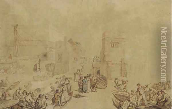 A crowded day in the harbour, with ferry boat passengers alighting onto the foreshore Oil Painting - Thomas Rowlandson