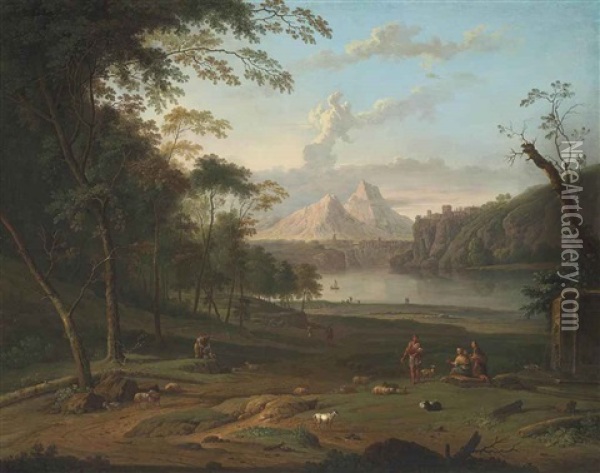A Wooded, River Landscape With Shepherds And Their Flock, A Hilltop Town And Mountains Beyond Oil Painting - Jan Van Huysum