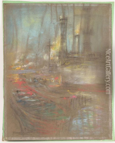 Barges Against Industrial Skyline Oil Painting - Glenn Cooper Henshaw
