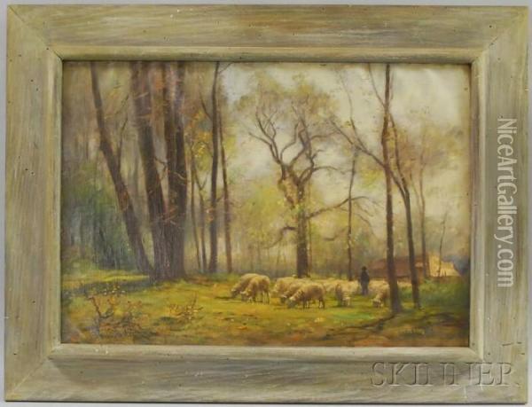 Sheep And Herder In A Forest Glade Oil Painting - Joseph Foxcroft Cole