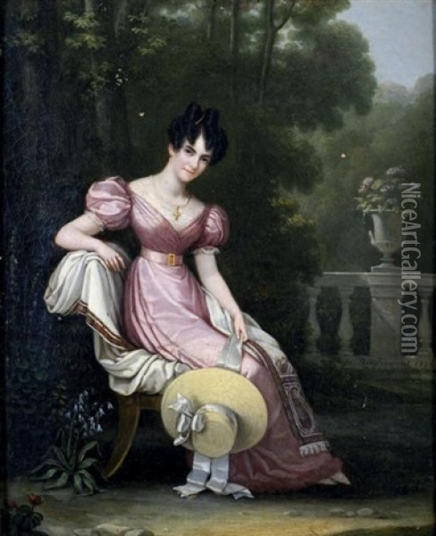 Portrait De Jeune Femme A La Robe De Satin Rose, Assise Sur Une Terrasse A Balustrade Oil Painting - Charles Boulanger de Boisfremont