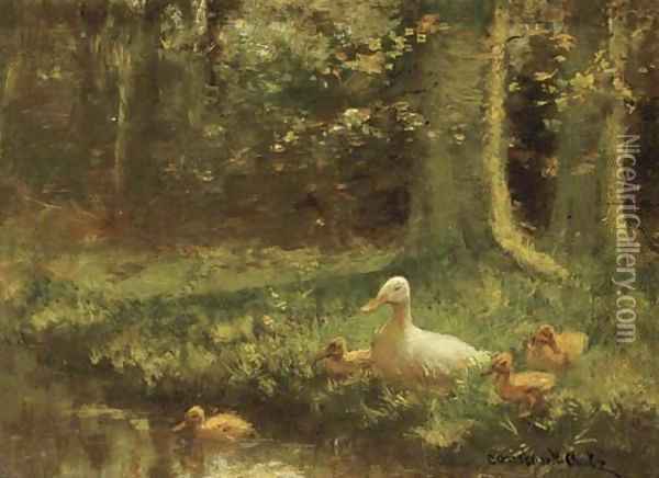 Duck and ducklings on a riverbank Oil Painting - David Adolf Constant Artz