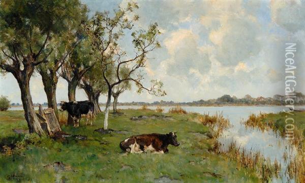 Cows Beneath A Group Of Trees By The Water Oil Painting - Gerard Altmann