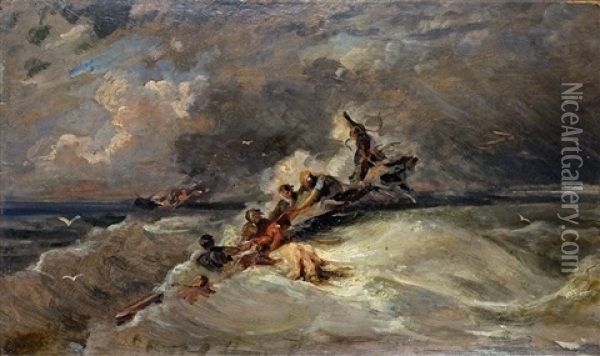 Schiffbruchige Auf Sturmischer See Oil Painting - Louis-Gabriel-Eugene Isabey