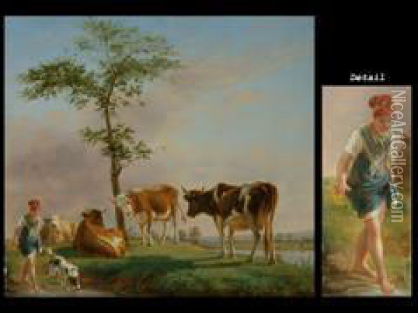 Kuhe Auf Der Weide Mit Schaferin Und Hund Oil Painting - Jean Baptiste Berre