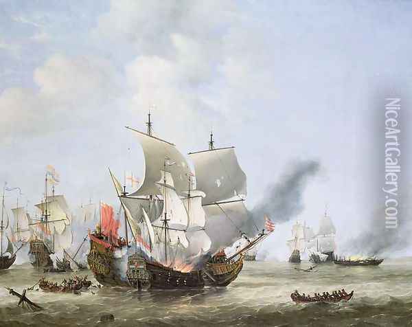 The Burning of the Andrew at the Battle of Scheveningen, c.1653-54 Oil Painting - Willem van de Velde the Younger