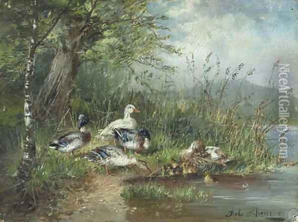Ducks on a riverbank Oil Painting - Julius Scheuerer