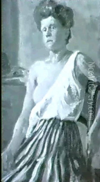 Junge Frau Mit Von Den Schultern Geglittenem Hemd,          Auf Einem Stuhl Sitzend Oil Painting - Heinrich Zschille
