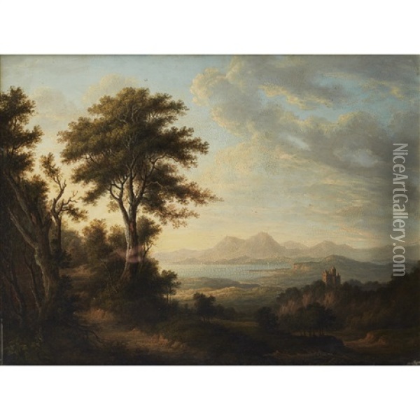 View Of A Highland Loch With A Castle Oil Painting - Alexander Nasmyth
